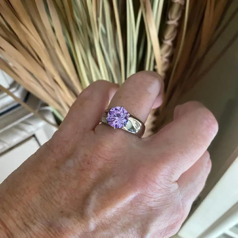 High polished Stainless Steel  Ring with Amethyst AAA Grade CZ Size 9
